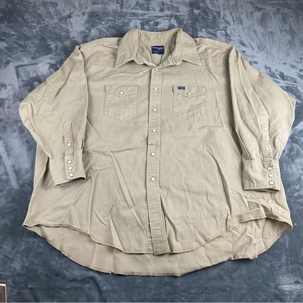 Vintage Wrangler Pearl Snap Shirt Mens 20-34 Brown Khaki Brushpopper